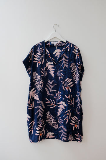 DVF Tropical Print Navy Shift Dress, Size Medium