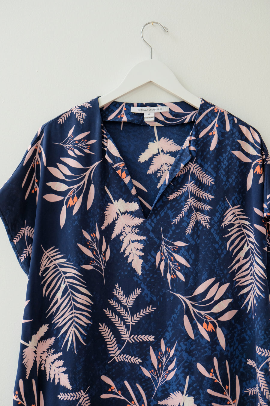 DVF Tropical Print Navy Shift Dress, Size Medium