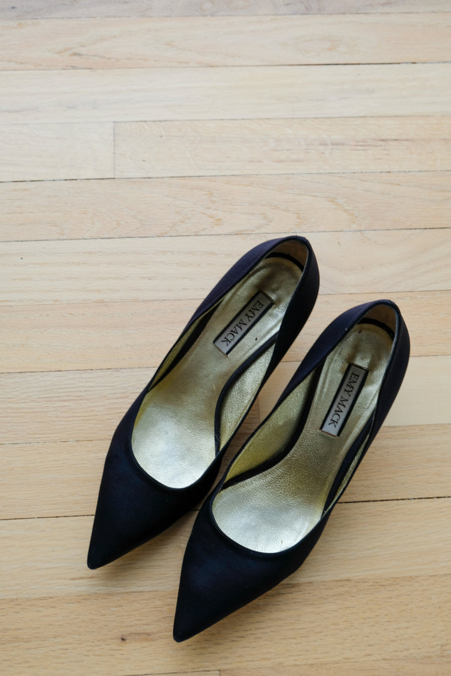 Emy Mack Black Satin Kitten Heel, Size 9.5