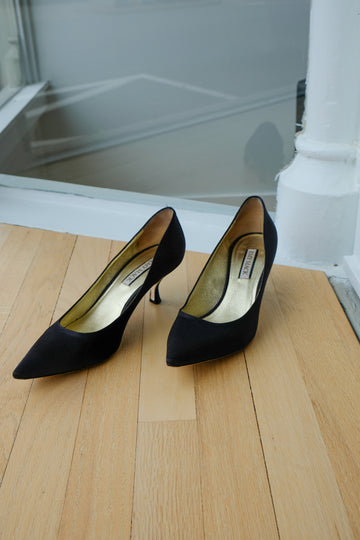 Emy Mack Black Satin Kitten Heel, Size 9.5