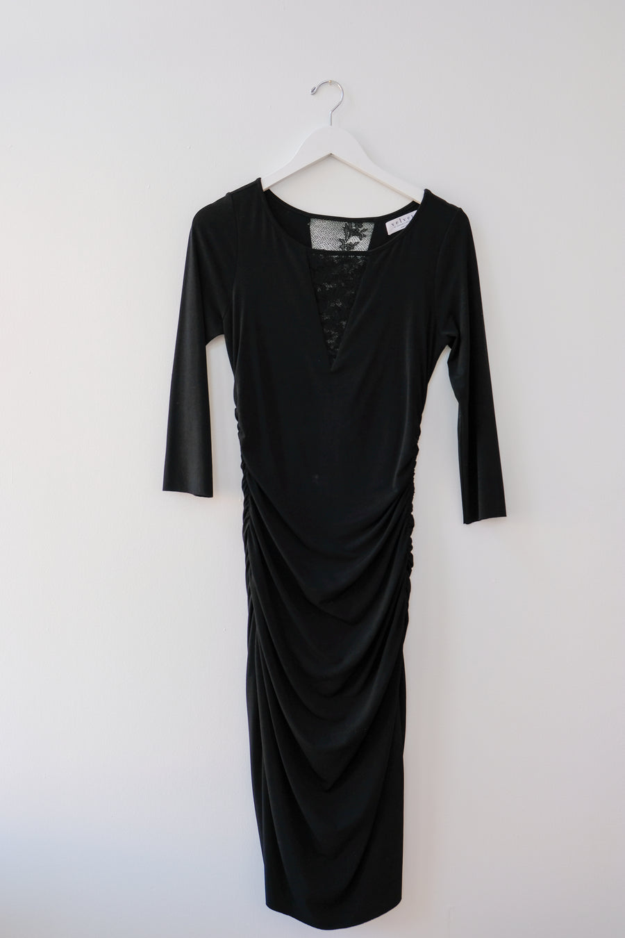 Velvet by Graham and Spencer Black Bodycon Midi Dress with Lace, Size Medium