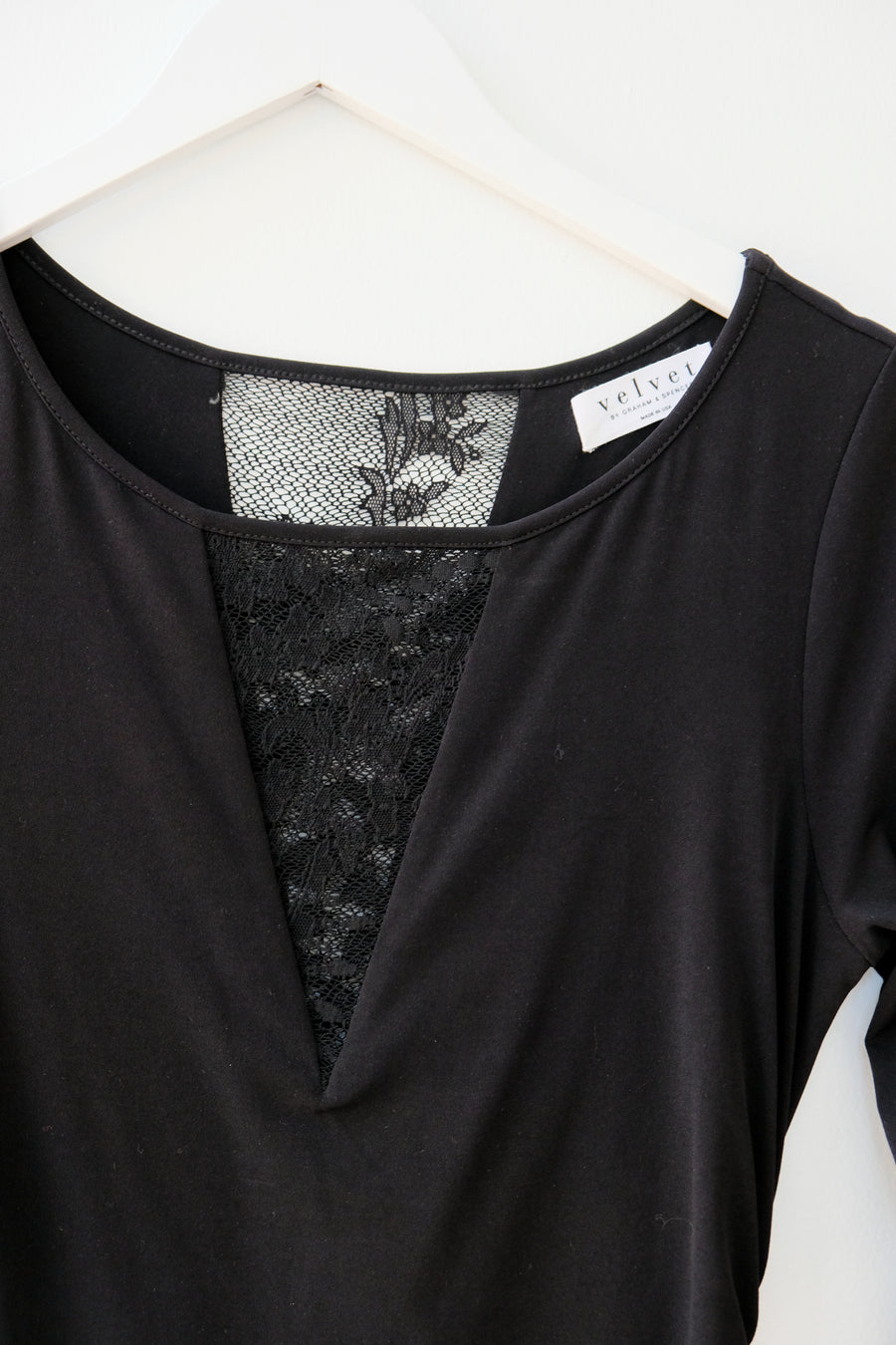 Velvet by Graham and Spencer Black Bodycon Midi Dress with Lace, Size Medium